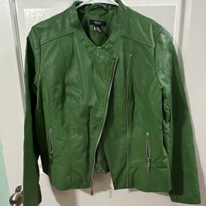 ALFANI FAUX LEATHER ASYMMETRICAL GREEN LINED MOTO JACKET PETITE S